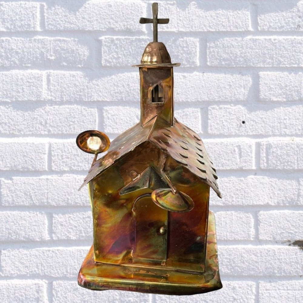 Tin Copper Patina Wind Up Musical Church Plays Amazing Grace